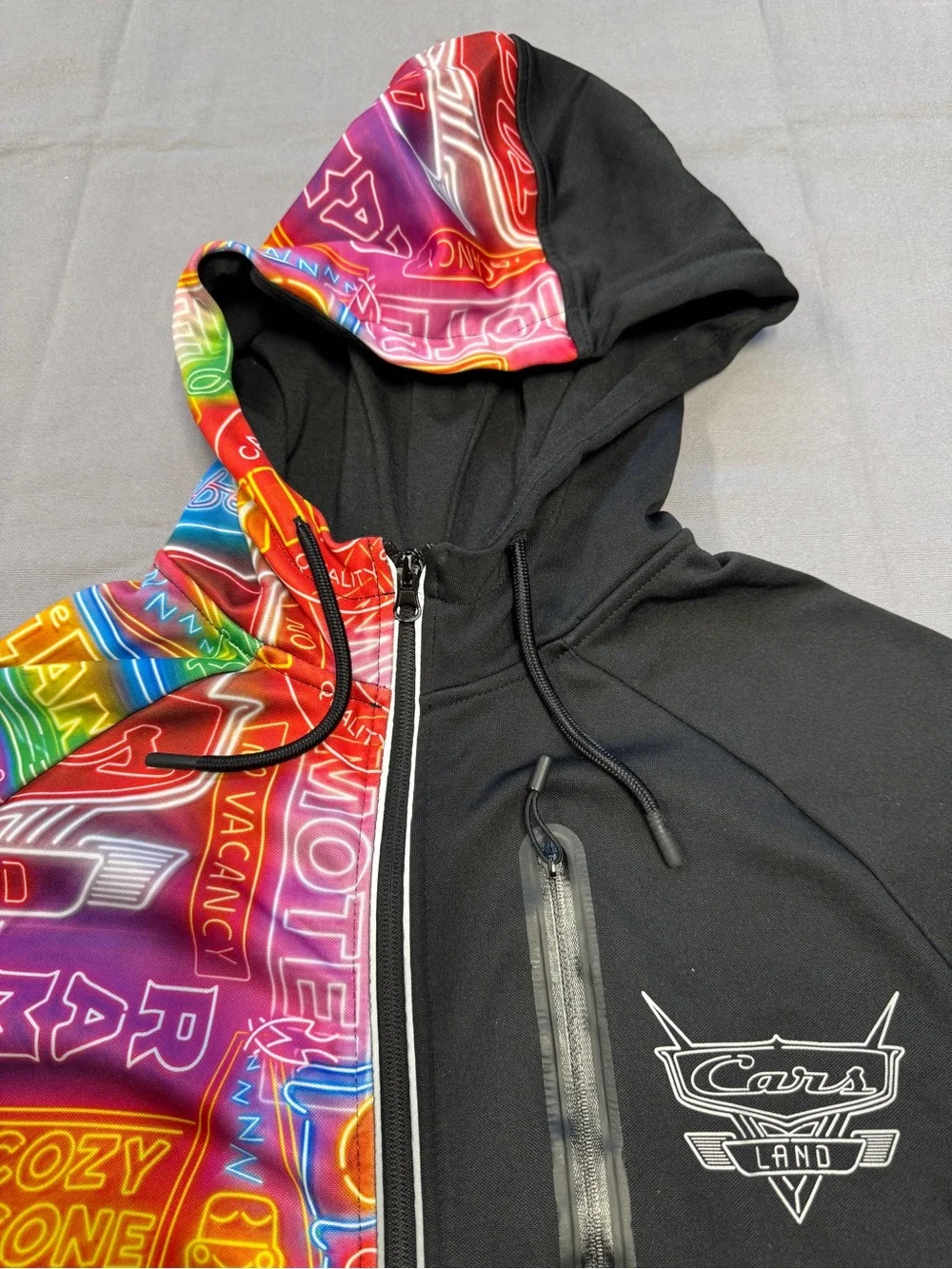 Disney Cars Land Hoodie Mens Medium Black Neon Lights Zip Jacket Sweatshirt 0020